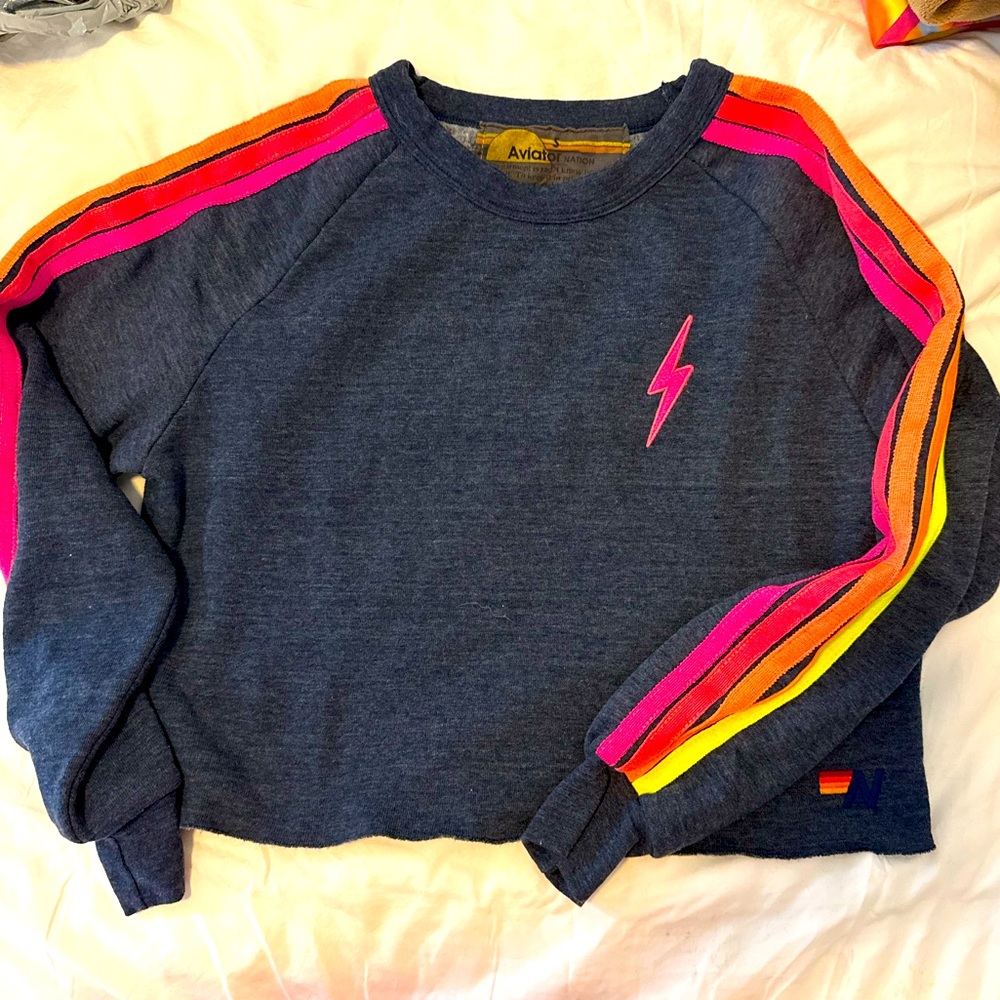 Aviator Nation Bolt Embroidery Classic Cropped Crew Sweatshirt Size Small